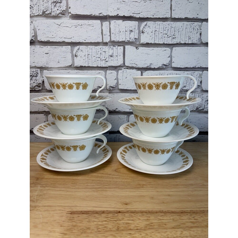 Corelle Butterfly Coffee / Tea Cups and Saucers Hook Handle Set of 6 Vintage